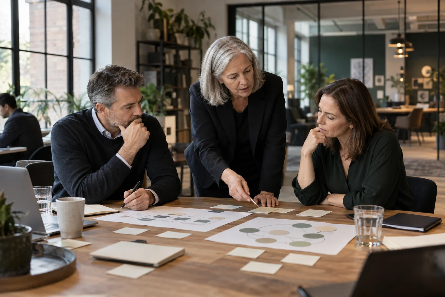 A senior board adviser helps two leaders compare their current operating model with a future-state plan