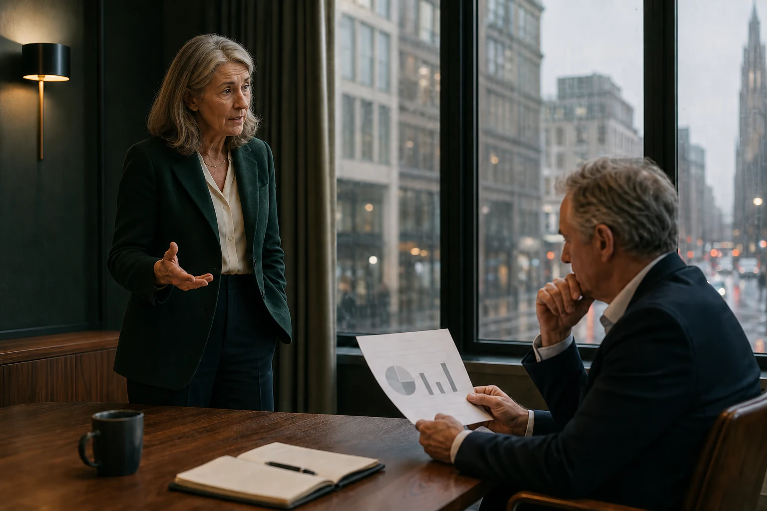 A senior board adviser challenges a finance leader considering marketing investment during a downturn