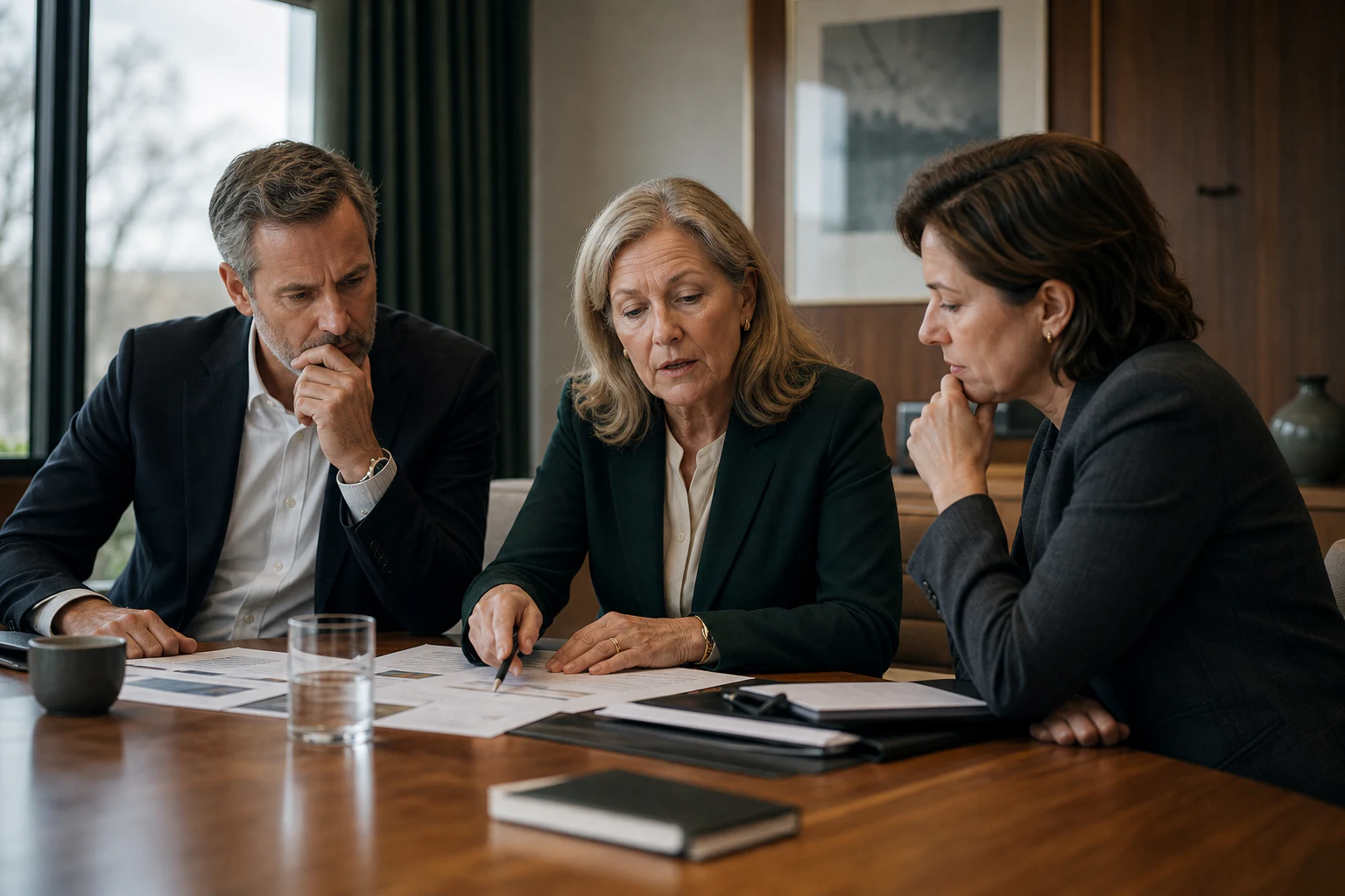 A senior board adviser guides two business leaders through evidence for a regulated-market decision