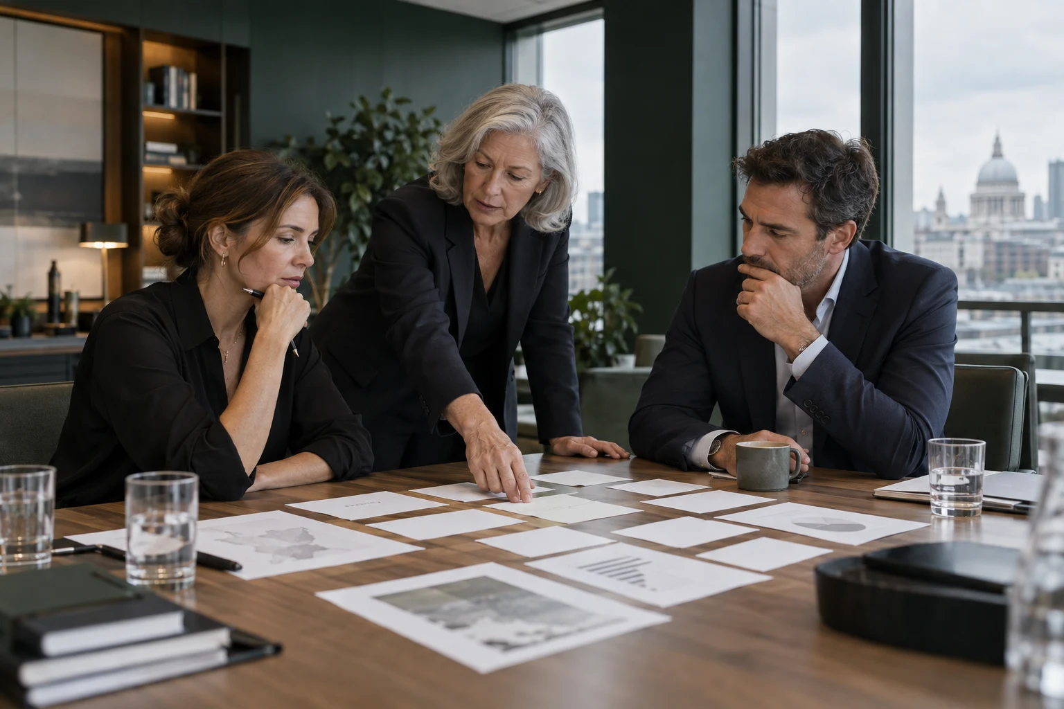 A senior board adviser helps two business leaders examine a long-term strategic plan